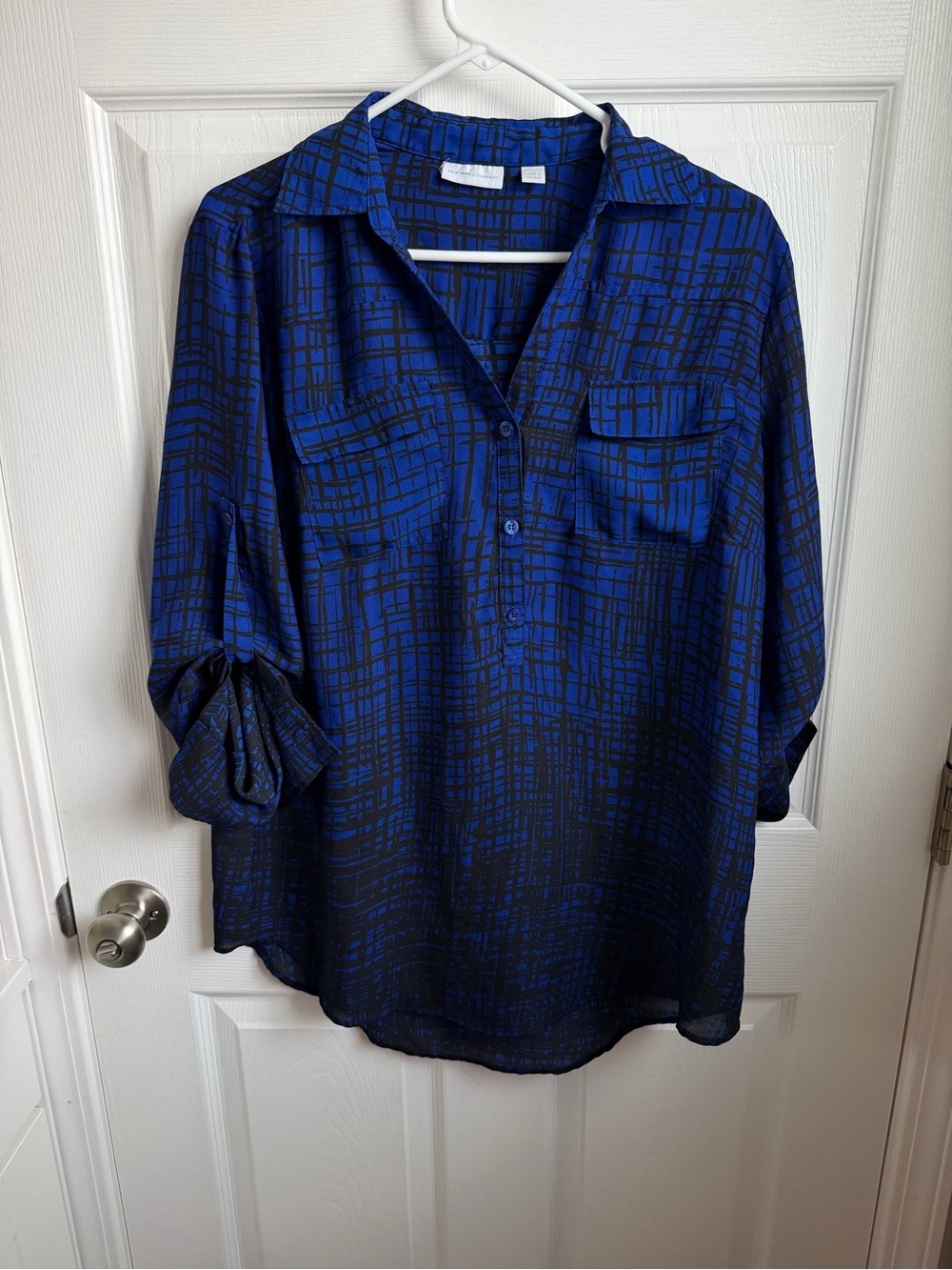 New York & Company Royal Blue and Black Grid-Print Button-Down Blouse